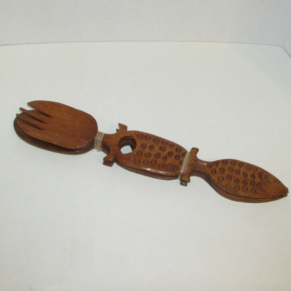 Salad Servers Vintage Hand Carved Wood Fish Handles Unused Kitchenware - Picture 1 of 9